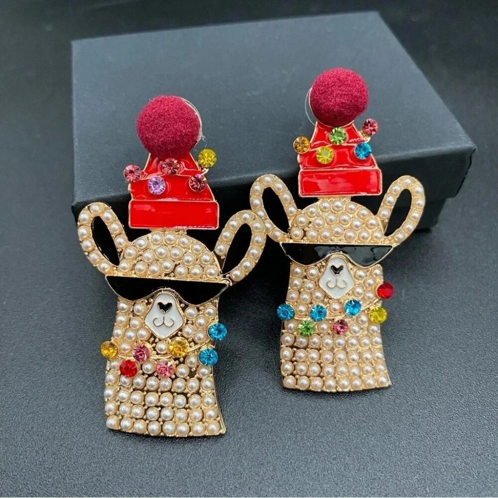 Festive Llama Reindeer Rhinestone Beaded Christmas Earrings - Pierced